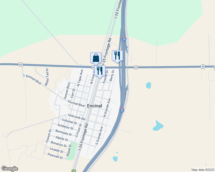 map of restaurants, bars, coffee shops, grocery stores, and more near 507 Berry Street in Encinal