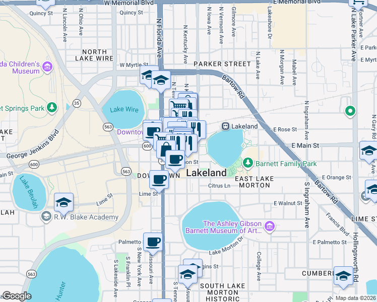 map of restaurants, bars, coffee shops, grocery stores, and more near 215 East Main Street in Lakeland