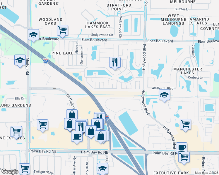 map of restaurants, bars, coffee shops, grocery stores, and more near 2261 Parkland Drive in Melbourne