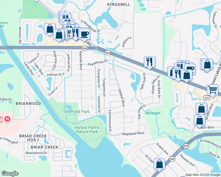 map of restaurants, bars, coffee shops, grocery stores, and more near 1820 Driftwood Circle North in Oldsmar
