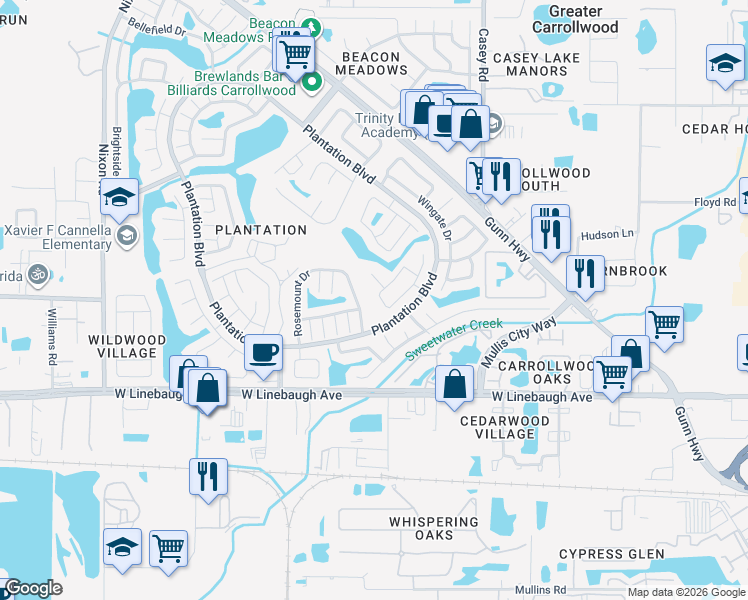 map of restaurants, bars, coffee shops, grocery stores, and more near 10444 Rosemount Drive in Tampa