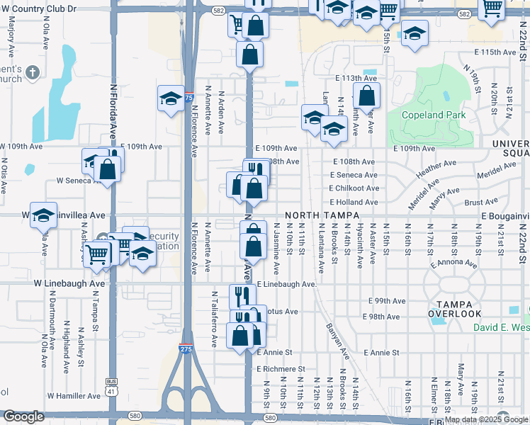map of restaurants, bars, coffee shops, grocery stores, and more near 908 East Bougainvillea Avenue in Tampa