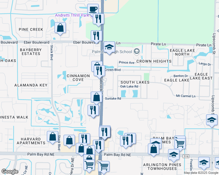 map of restaurants, bars, coffee shops, grocery stores, and more near 4315 South Babcock Street in Melbourne