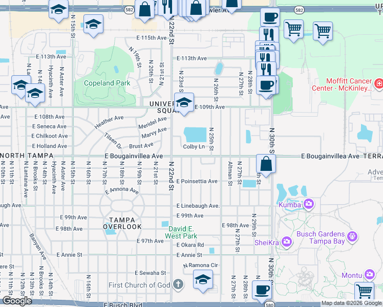 map of restaurants, bars, coffee shops, grocery stores, and more near 2402 East Bougainvillea Avenue in Tampa