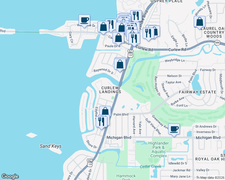 map of restaurants, bars, coffee shops, grocery stores, and more near 2357 Hanover Drive in Dunedin