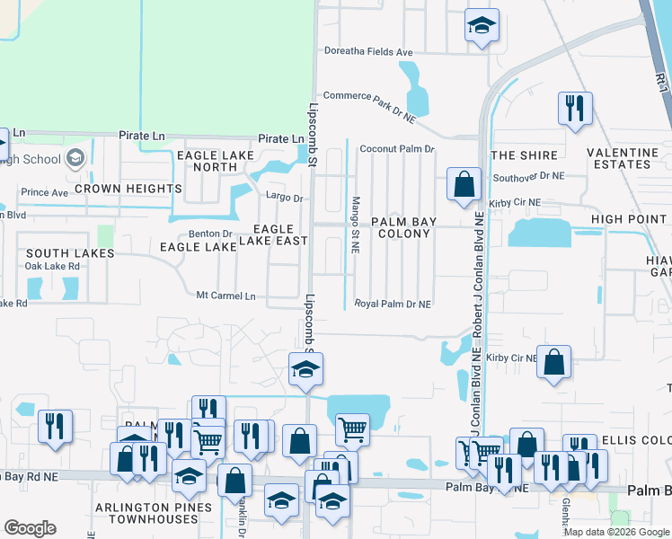 map of restaurants, bars, coffee shops, grocery stores, and more near 1804 Mango Street Northeast in Palm Bay