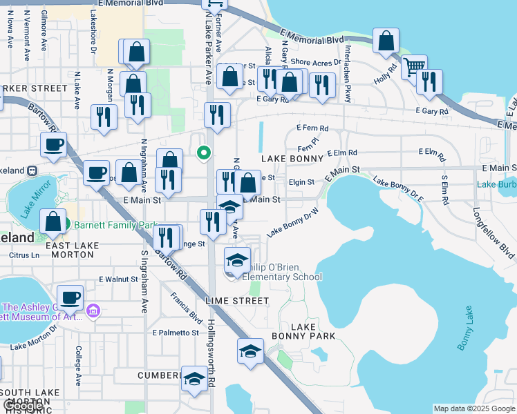 map of restaurants, bars, coffee shops, grocery stores, and more near 1333 East Main Street in Lakeland