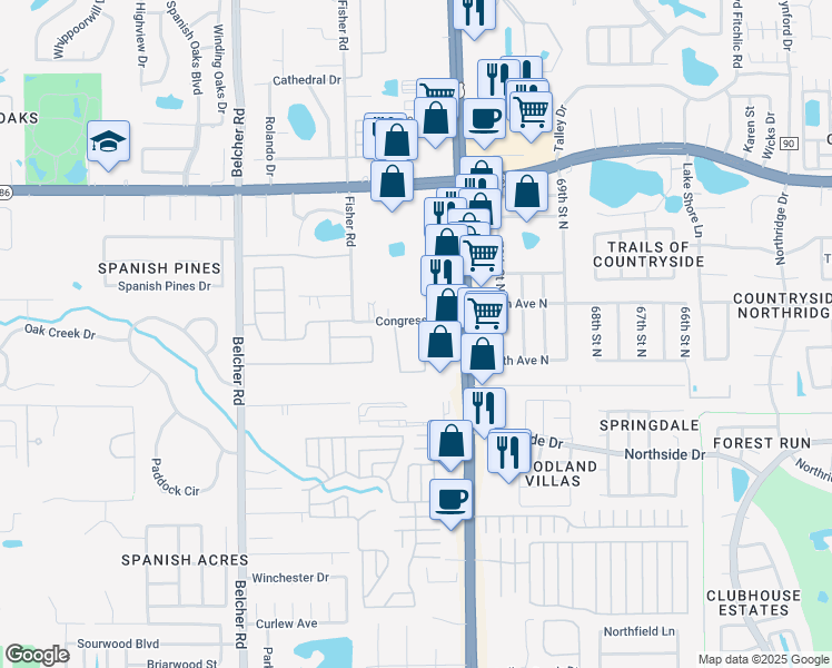 map of restaurants, bars, coffee shops, grocery stores, and more near 3368 Covered Bridge Drive East in Dunedin