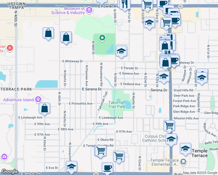 map of restaurants, bars, coffee shops, grocery stores, and more near 4914 East Serena Drive in Tampa