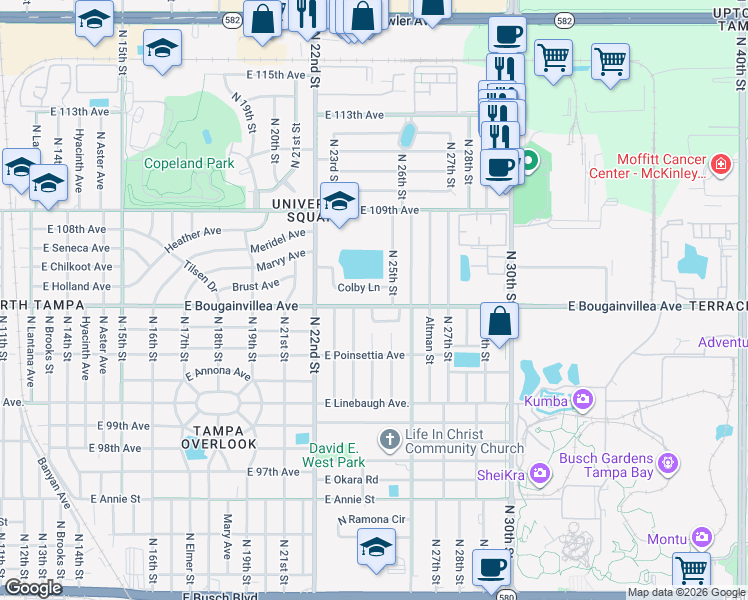 map of restaurants, bars, coffee shops, grocery stores, and more near 2315 Colby Lane in Tampa