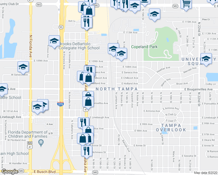 map of restaurants, bars, coffee shops, grocery stores, and more near 10402 North Lantana Avenue in Tampa