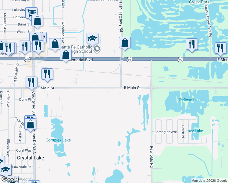 map of restaurants, bars, coffee shops, grocery stores, and more near 14 Eleanor Drive in Lakeland