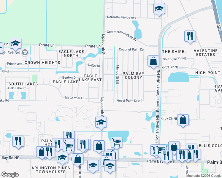 map of restaurants, bars, coffee shops, grocery stores, and more near 1804 Mango Street Northeast in Palm Bay