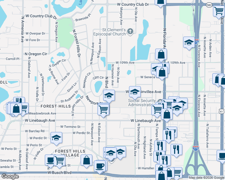 map of restaurants, bars, coffee shops, grocery stores, and more near 817 West Bougainvillea Avenue in Tampa