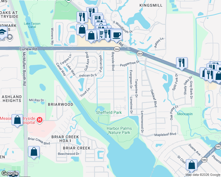map of restaurants, bars, coffee shops, grocery stores, and more near 2001 Montego Court in Oldsmar