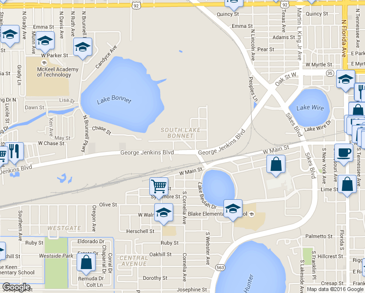 map of restaurants, bars, coffee shops, grocery stores, and more near 1049 George Jenkins Boulevard in Lakeland