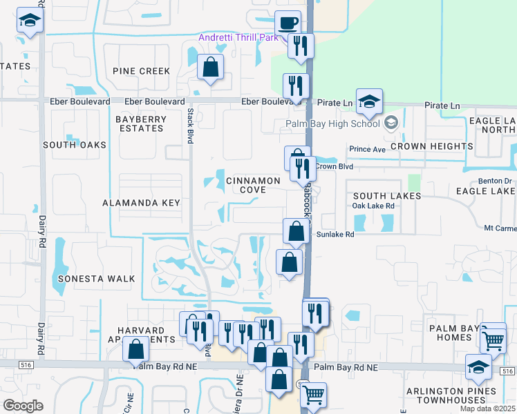 map of restaurants, bars, coffee shops, grocery stores, and more near 145 Cinnamon Cove Drive in Melbourne