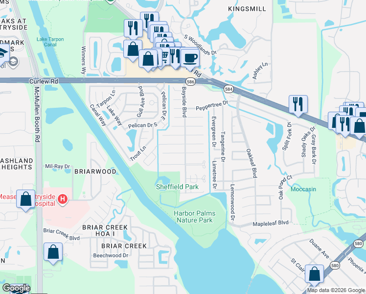 map of restaurants, bars, coffee shops, grocery stores, and more near 2001 Montego Court in Oldsmar