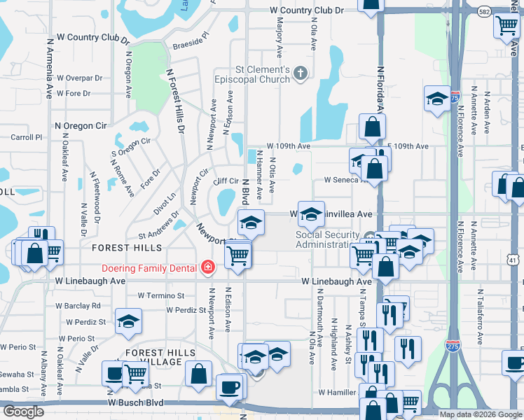 map of restaurants, bars, coffee shops, grocery stores, and more near 10410 North Hamner Avenue in Tampa