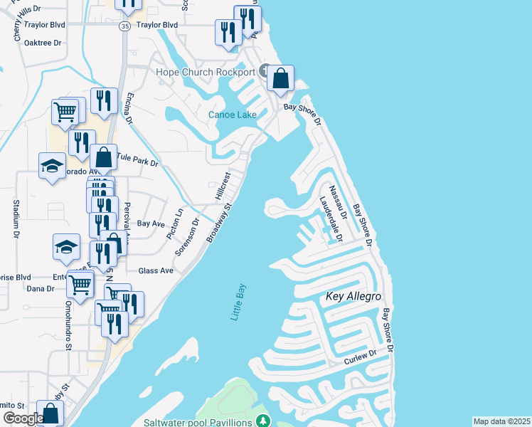 map of restaurants, bars, coffee shops, grocery stores, and more near 73 Nassau Drive in Rockport