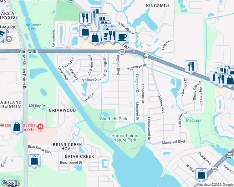 map of restaurants, bars, coffee shops, grocery stores, and more near 2001 Montego Court in Oldsmar