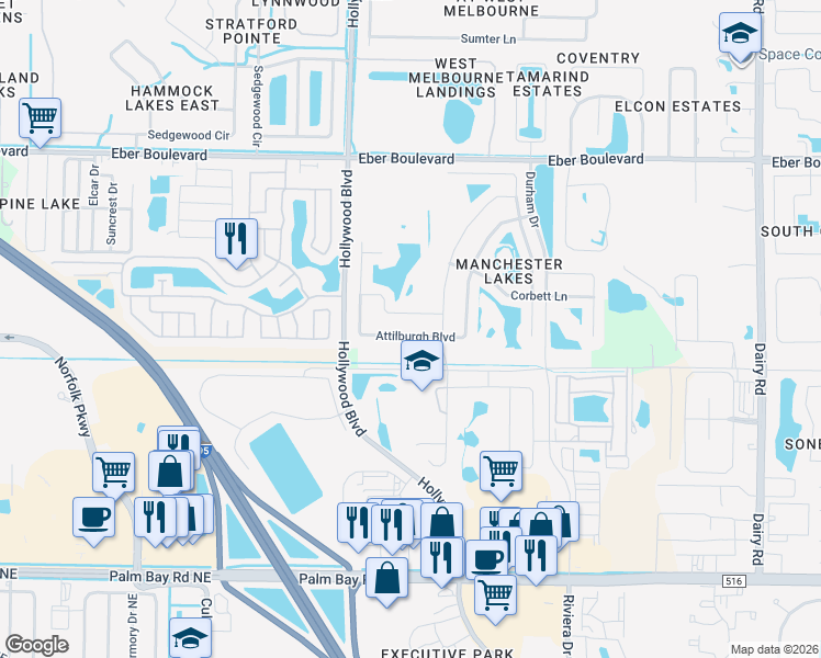 map of restaurants, bars, coffee shops, grocery stores, and more near 1948 Attilburgh Boulevard in West Melbourne