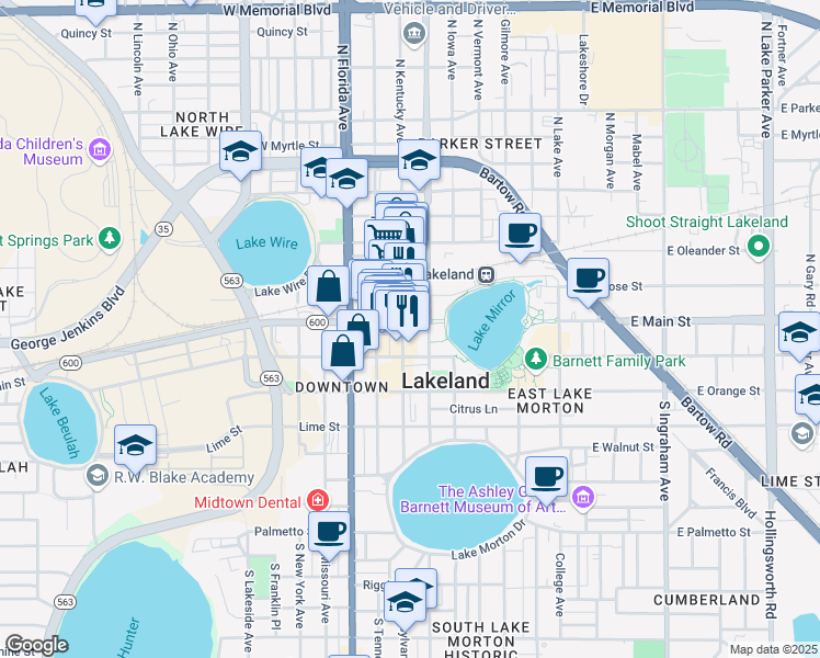 map of restaurants, bars, coffee shops, grocery stores, and more near 215 East Main Street in Lakeland