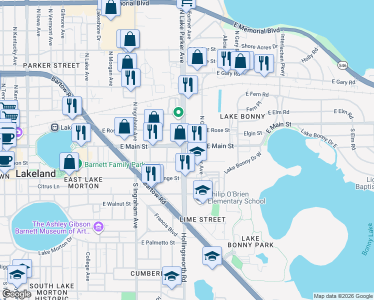 map of restaurants, bars, coffee shops, grocery stores, and more near 1201 East Main Street in Lakeland