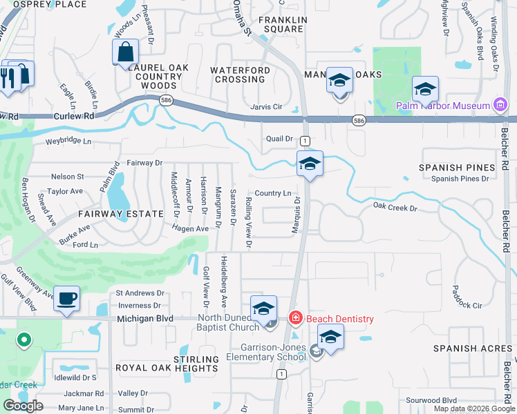map of restaurants, bars, coffee shops, grocery stores, and more near 2510 Lookout Drive in Dunedin