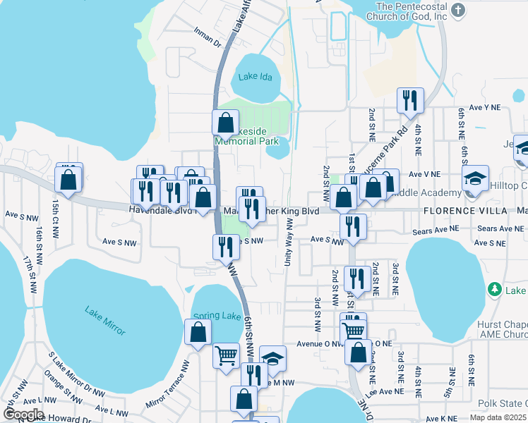 map of restaurants, bars, coffee shops, grocery stores, and more near 550 Martin Luther King Boulevard Northwest in Winter Haven