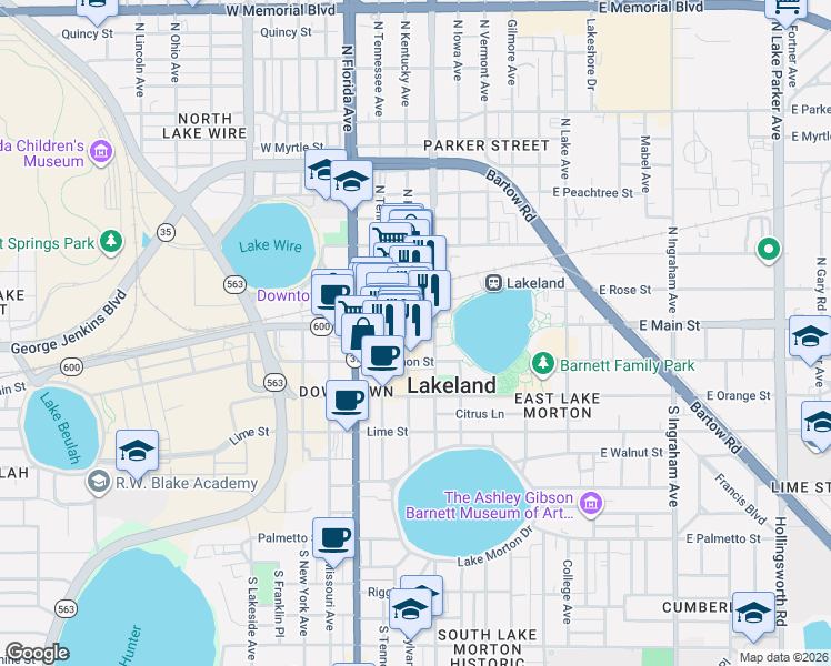 map of restaurants, bars, coffee shops, grocery stores, and more near 100 South Kentucky Avenue in Lakeland