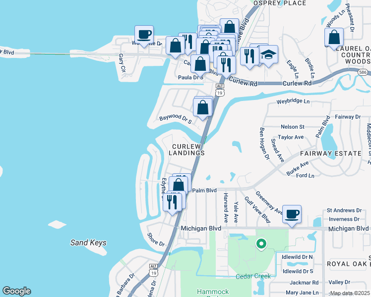 map of restaurants, bars, coffee shops, grocery stores, and more near 598 Walden Court in Dunedin