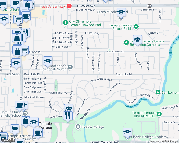 map of restaurants, bars, coffee shops, grocery stores, and more near 503 Herchel Drive in Tampa