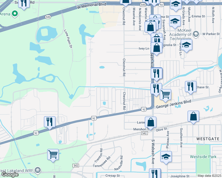 map of restaurants, bars, coffee shops, grocery stores, and more near 44 West Imperial Drive in Lakeland