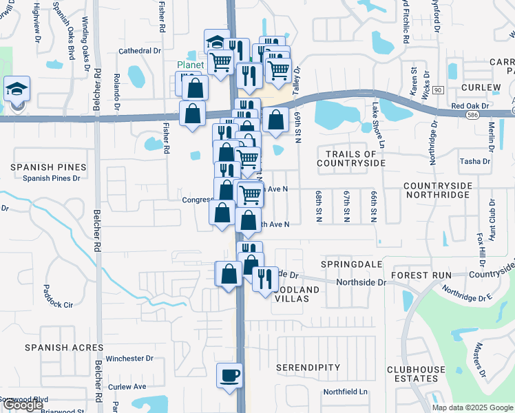 map of restaurants, bars, coffee shops, grocery stores, and more near 29764 70th Street North in Clearwater
