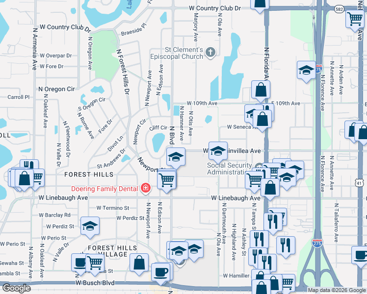 map of restaurants, bars, coffee shops, grocery stores, and more near 10410 North Hamner Avenue in Tampa