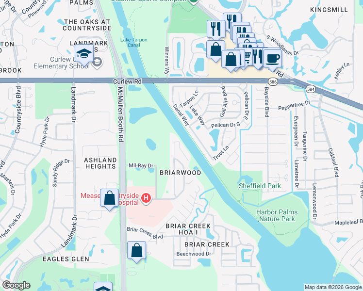 map of restaurants, bars, coffee shops, grocery stores, and more near 3408 Briarwood Lane in Safety Harbor