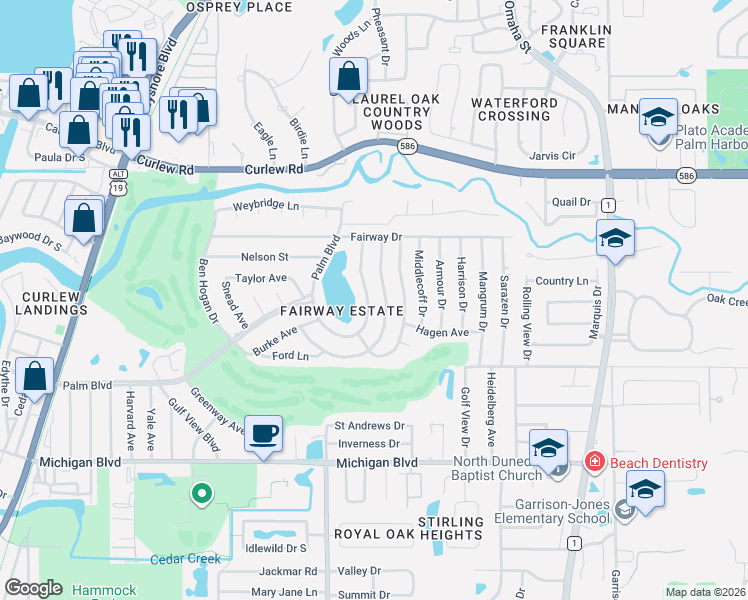 map of restaurants, bars, coffee shops, grocery stores, and more near 2338 Demaret Drive in Dunedin