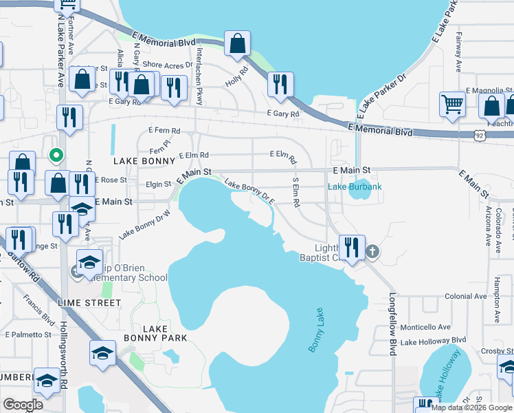 map of restaurants, bars, coffee shops, grocery stores, and more near 201 Lake Bonny Drive East in Lakeland