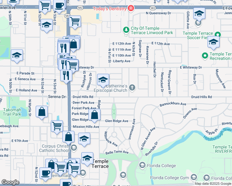 map of restaurants, bars, coffee shops, grocery stores, and more near 507 Carriage Hills Drive in Temple Terrace