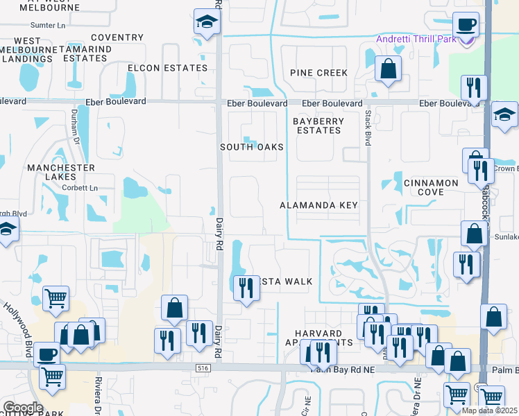 map of restaurants, bars, coffee shops, grocery stores, and more near 4285 Pagosa Springs Circle in Melbourne