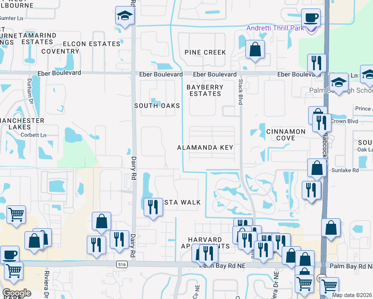 map of restaurants, bars, coffee shops, grocery stores, and more near 3740 Alamanda Key Drive in Melbourne