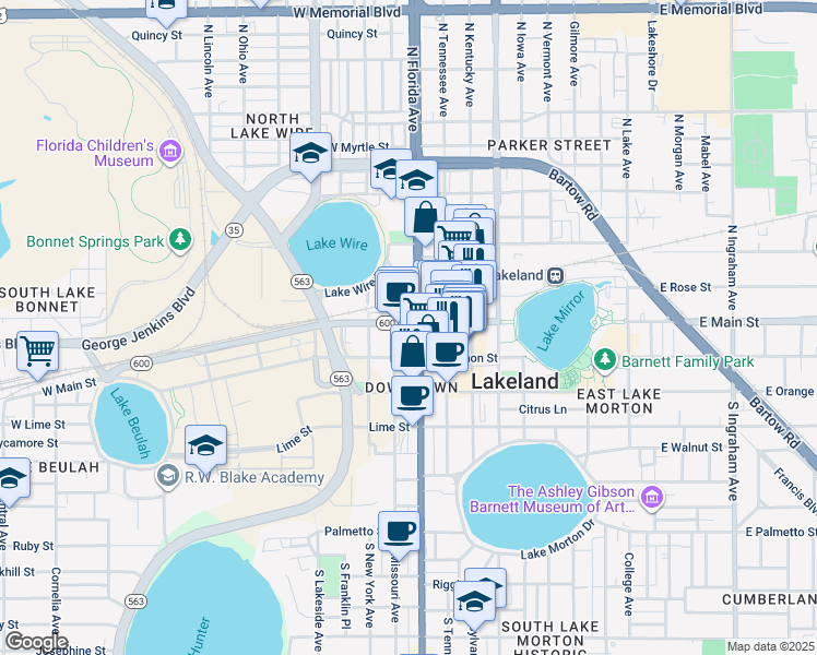 map of restaurants, bars, coffee shops, grocery stores, and more near 105 Florida Avenue South in Lakeland