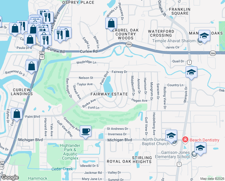 map of restaurants, bars, coffee shops, grocery stores, and more near 2338 Demaret Drive in Dunedin