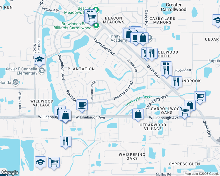 map of restaurants, bars, coffee shops, grocery stores, and more near 10444 Rosemount Drive in Tampa