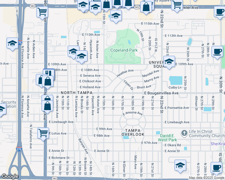 map of restaurants, bars, coffee shops, grocery stores, and more near 1504 Meridel Avenue in Tampa