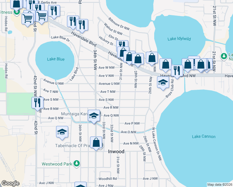 map of restaurants, bars, coffee shops, grocery stores, and more near 3100 Avenue T Northwest in Winter Haven