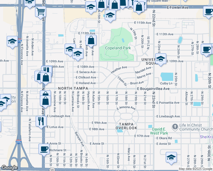 map of restaurants, bars, coffee shops, grocery stores, and more near 1504 Meridel Avenue in Tampa