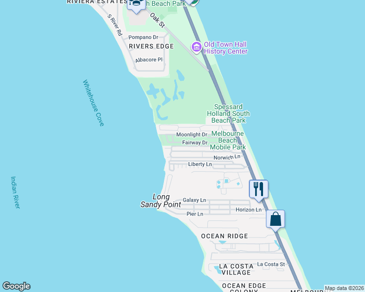 map of restaurants, bars, coffee shops, grocery stores, and more near 467 Eagle Place in Melbourne Beach