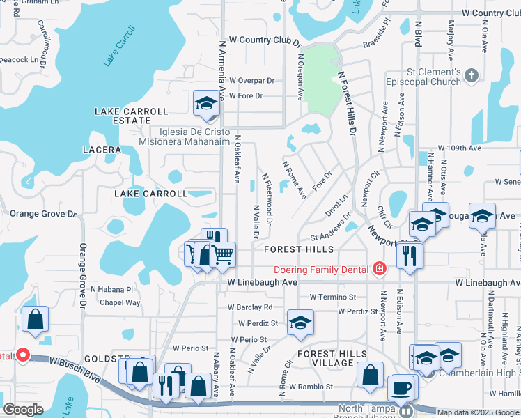 map of restaurants, bars, coffee shops, grocery stores, and more near 10215 North Valle Drive in Tampa